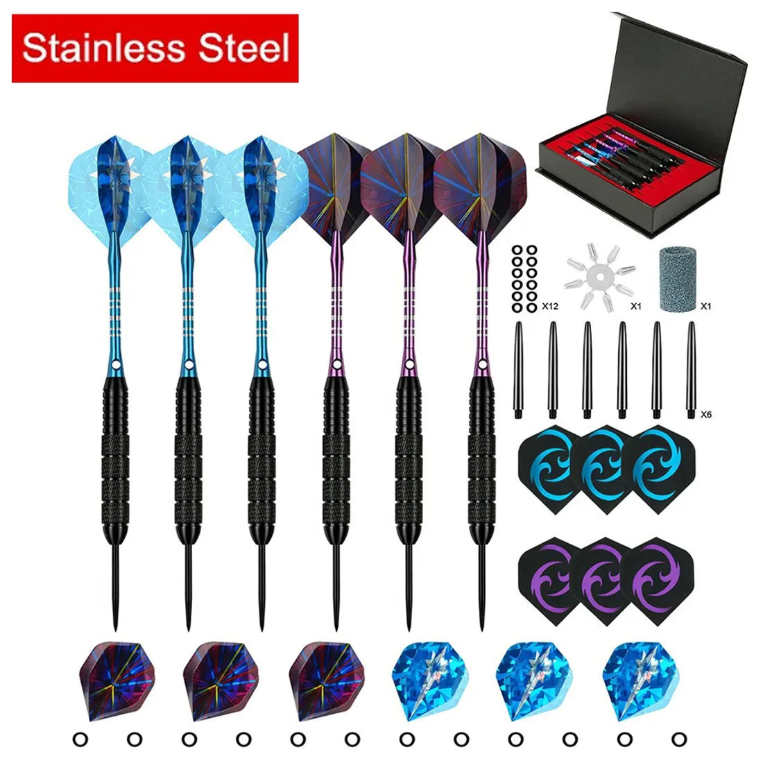24g Steel Tip Darts Set of 6 with 12 Flights & Storage Case – Professional Darts for Bristle Dartboards