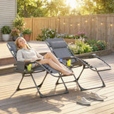 Outsunny Set of 2 Zero Gravity Chairs with Cup Holder and Headrest – Folding Reclining Garden Loungers, Grey