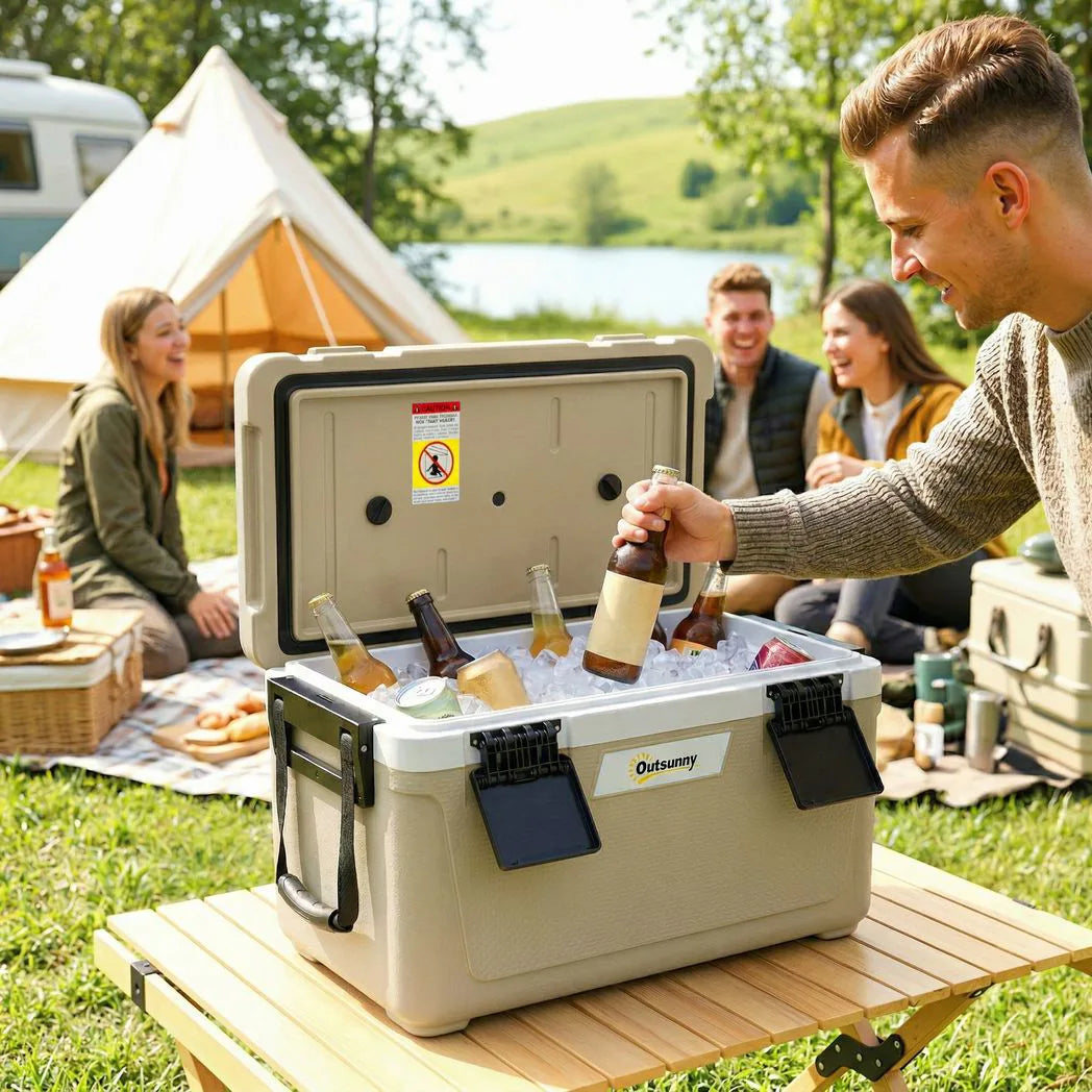 Outsunny 42.6L Insulated Cool Box with Handles, Lid & Drain Valve – Portable Camping Ice Cooler, Khaki