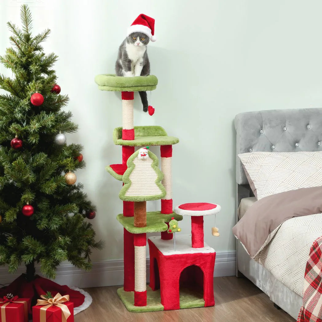 PawHut 120cm Christmas Cat Tree with 3 Scratching Posts, Perches & Hanging Toys – Festive Tower, Green