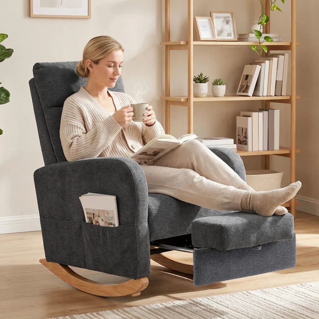 HOMCOM Upholstered Rocking Chair with Retractable Footrest and High Back – Living Room Rocker, Grey
