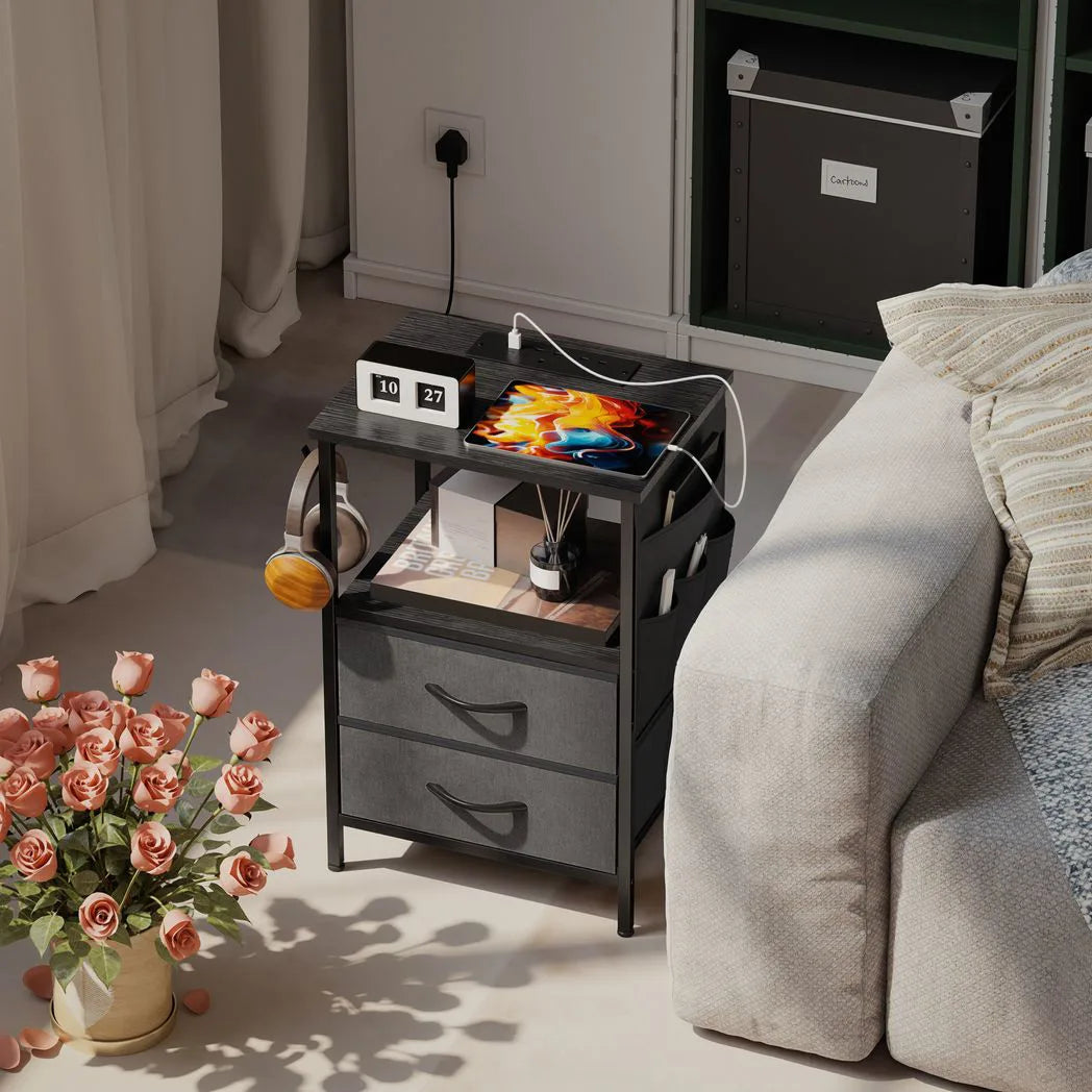 HOMCOM Slim Bedside Table with Charging Station – AC Outlets, USB-A & USB-C, Two Fabric Drawers, Black