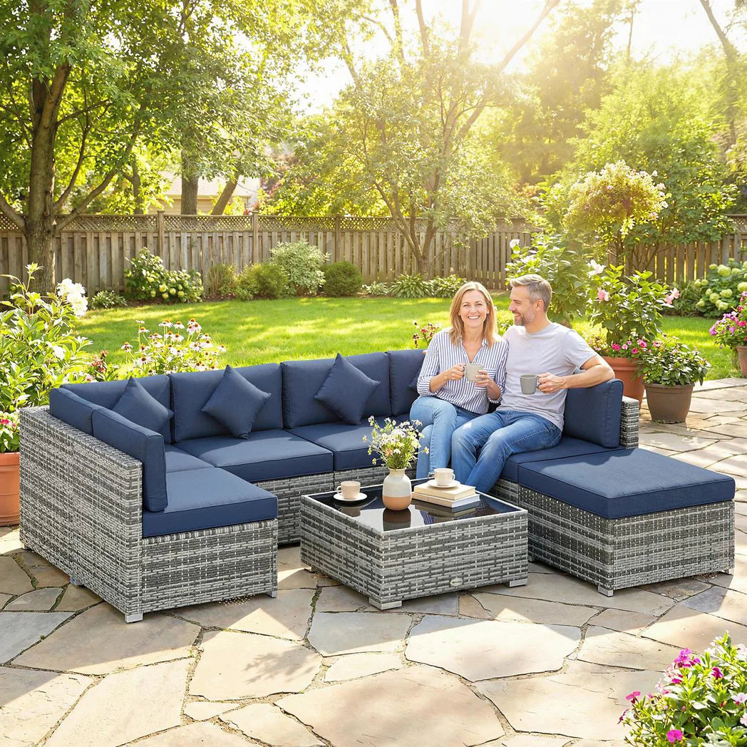 Outsunny 8 Piece PE Rattan Corner Sofa Set with Glass Coffee Table, Footstool and Cushions, Dark Blue