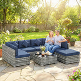 Outsunny 8 Piece PE Rattan Corner Sofa Set with Glass Coffee Table, Footstool and Cushions, Dark Blue