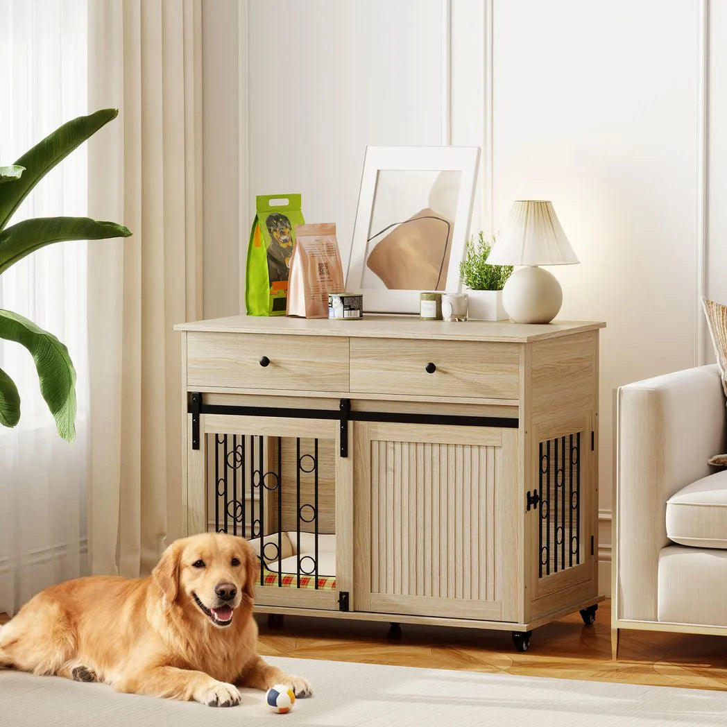 PawHut Dog Crate Furniture on Wheels with Two Drawers – Side Table Kennel for Medium and Large Dogs, Oak