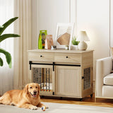 PawHut Dog Crate Furniture on Wheels with Two Drawers – Side Table Kennel for Medium and Large Dogs, Oak