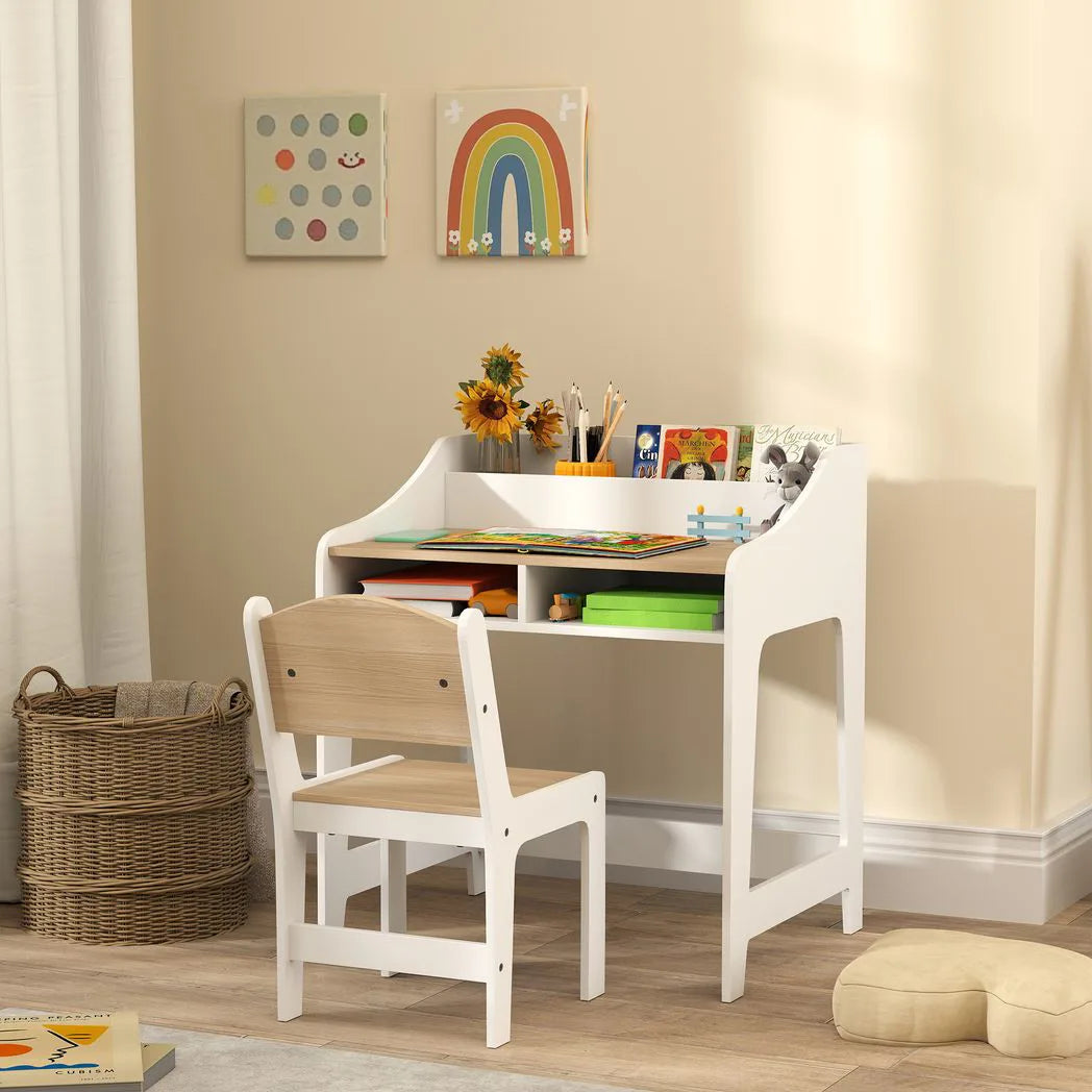 AIYAPLAY Kids Desk and Chair Set with Storage Shelves – Children's Study Table for Ages 3-8, Natural