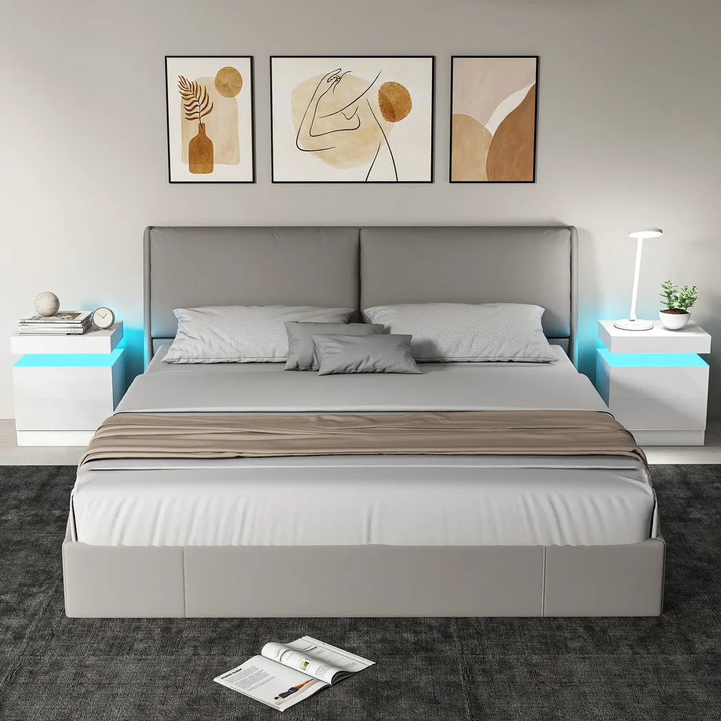HOMCOM Set of 2 White Bedside Tables with LED Light and 2 Drawers – High Gloss Nightstands for Bedroom
