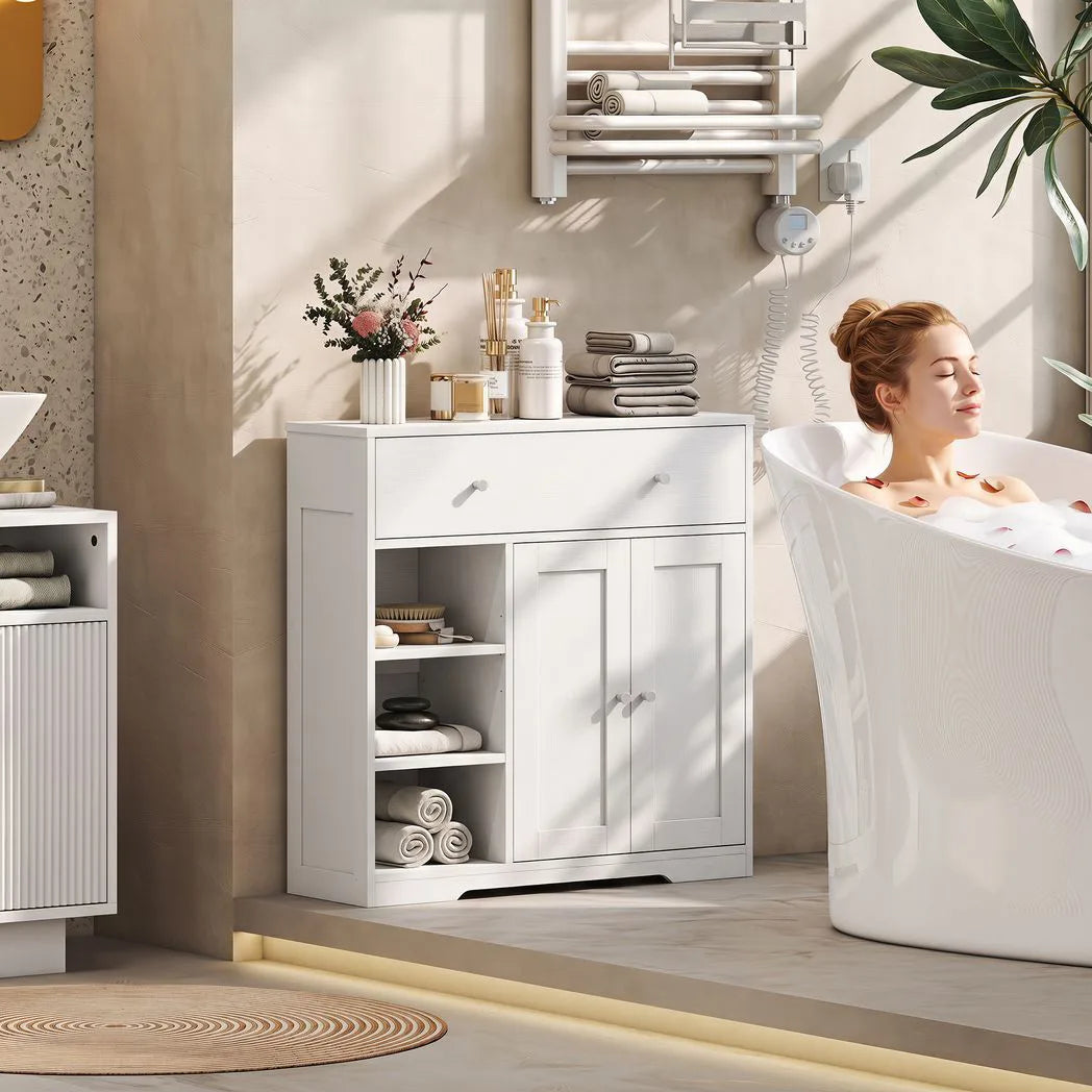 HOMCOM Freestanding Bathroom Floor Cabinet with Drawer, Double Doors and Open Shelves – Nordic Storage Unit, White