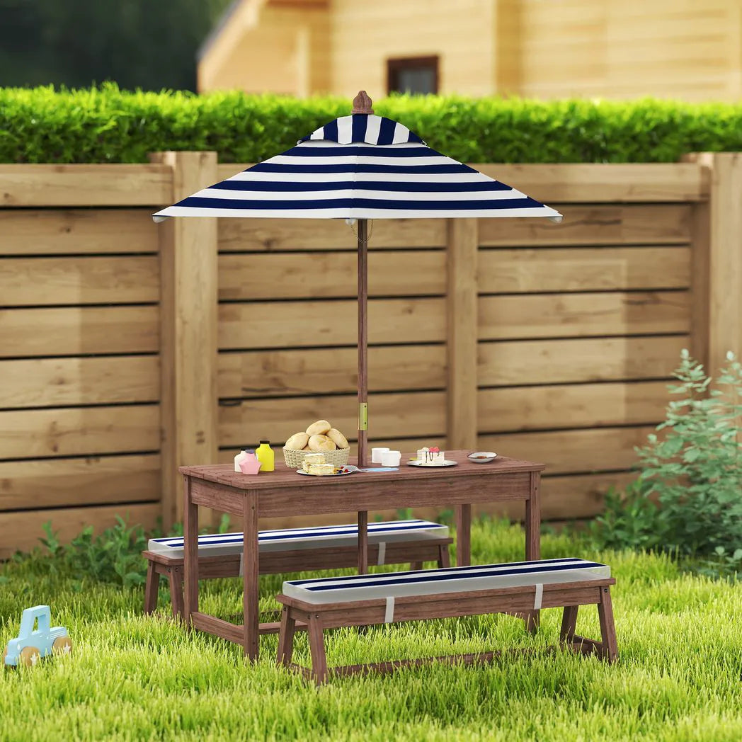 AIYAPLAY Kids Wooden Picnic Table and Bench Set with Cushions and Removable Umbrella – Outdoor Patio Garden Furniture, Navy Blue