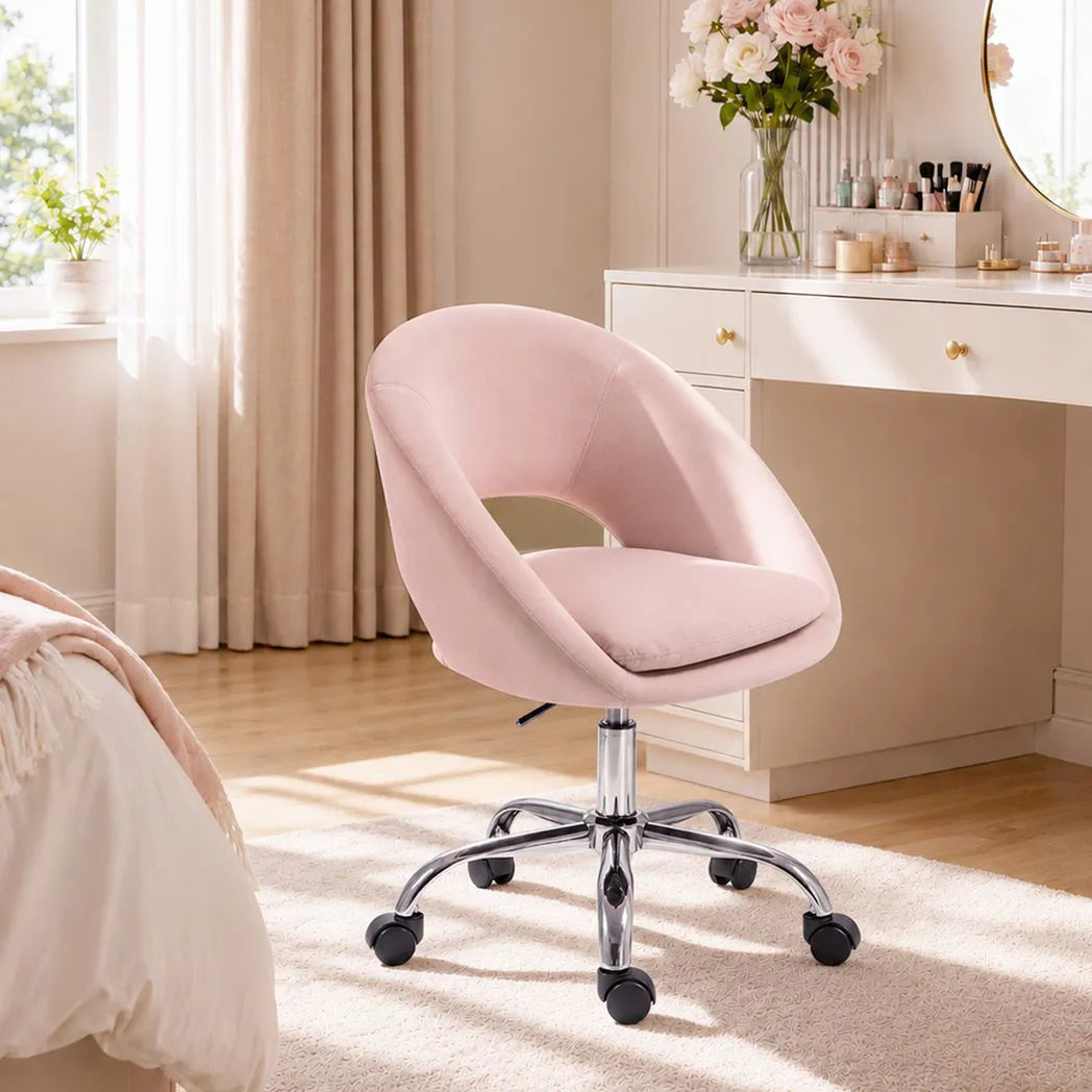 HOMCOM Velvet Desk Chair with Height-Adjustable Seat and Swivel Wheels – Modern Home Study Office Chair, Pink