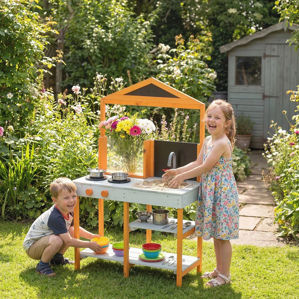 AIYAPLAY Outdoor Wooden Mud Kitchen for Kids with Sink, Stove, Cookware & Shelves – Pretend Play Toy, Ages 3-8