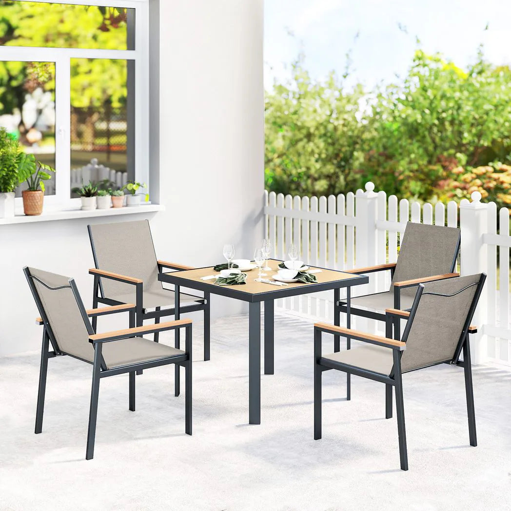 Outsunny 5 Piece Garden Dining Set with Tempered Glass Table and 4 Armchairs, Khaki