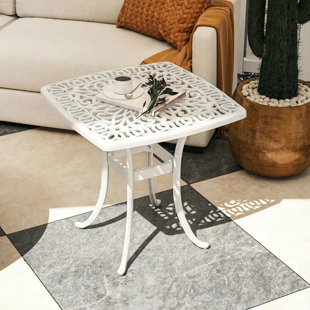 Outsunny Cast Aluminium Garden Side Table with 38mm Parasol Hole and Floral Top, 54cm