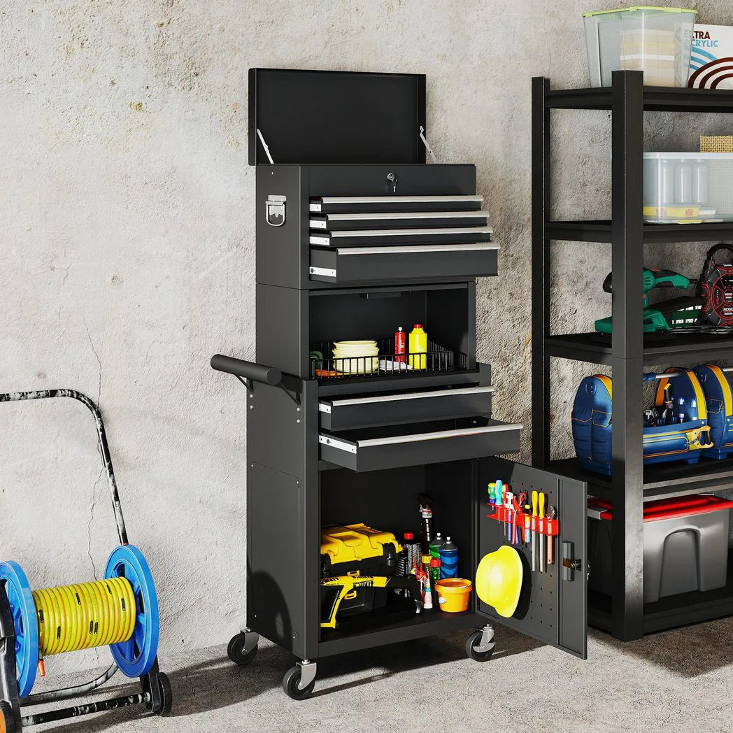 HOMCOM Three-Part Steel Locking Tool Chest with Wheels, 6 Drawers and Side Pegboard – Garage Storage, Black