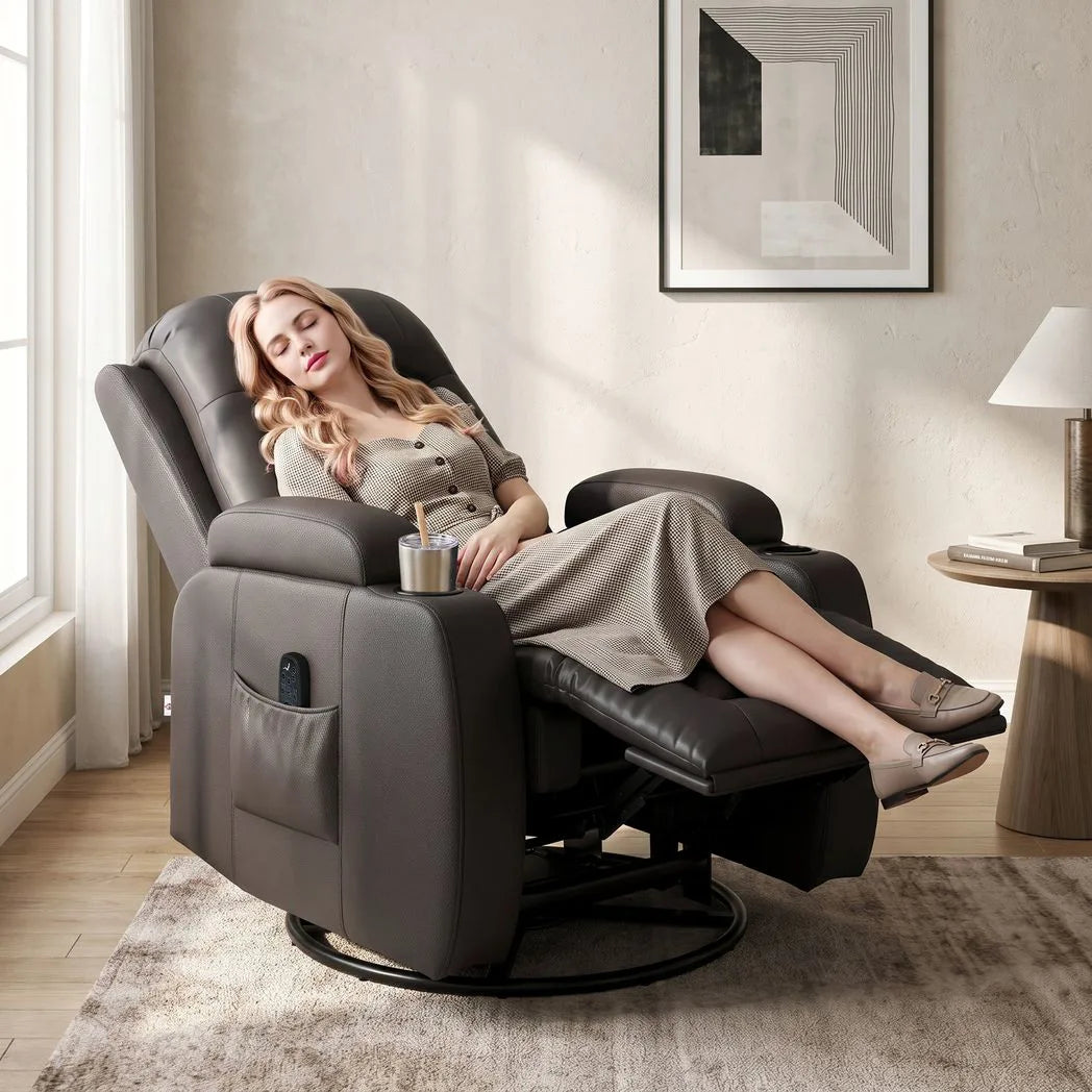 HOMCOM PU Leather Massage Recliner Chair with Heat, Extended Footrest, Cup Holders & Side Pockets – Dark Brown