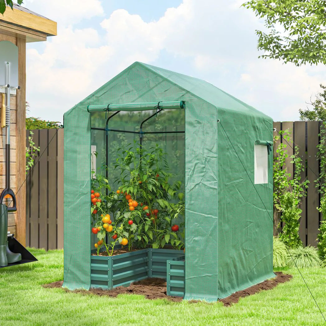 Outsunny Walk-In Greenhouse with Galvanised Raised Bed & Roll-Up Windows, 141 x 141 x 190 cm, Green