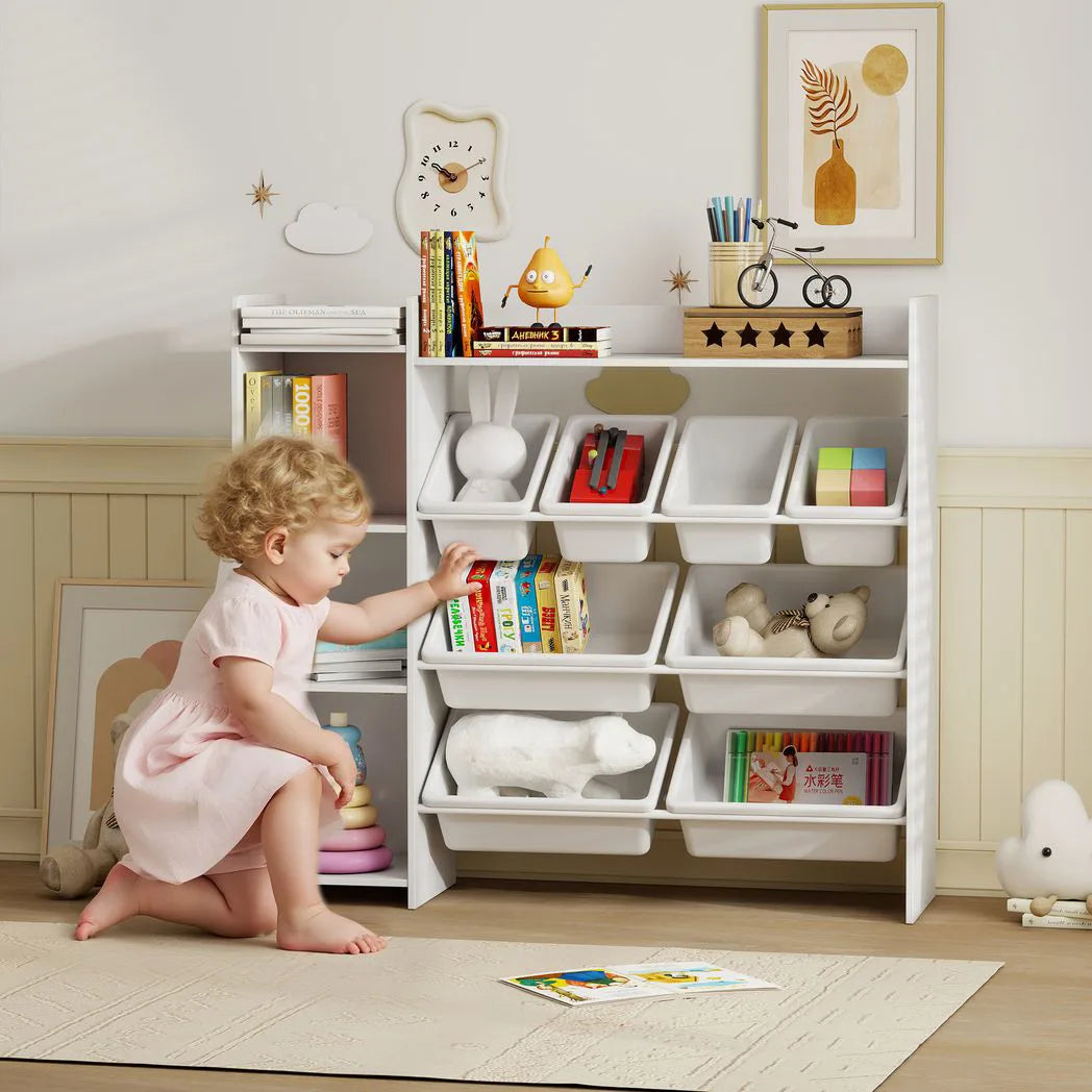 AIYAPLAY Kids Toy Storage Unit with 8 Removable Bins, Shelves & Cabinet – For Ages 3–8, White