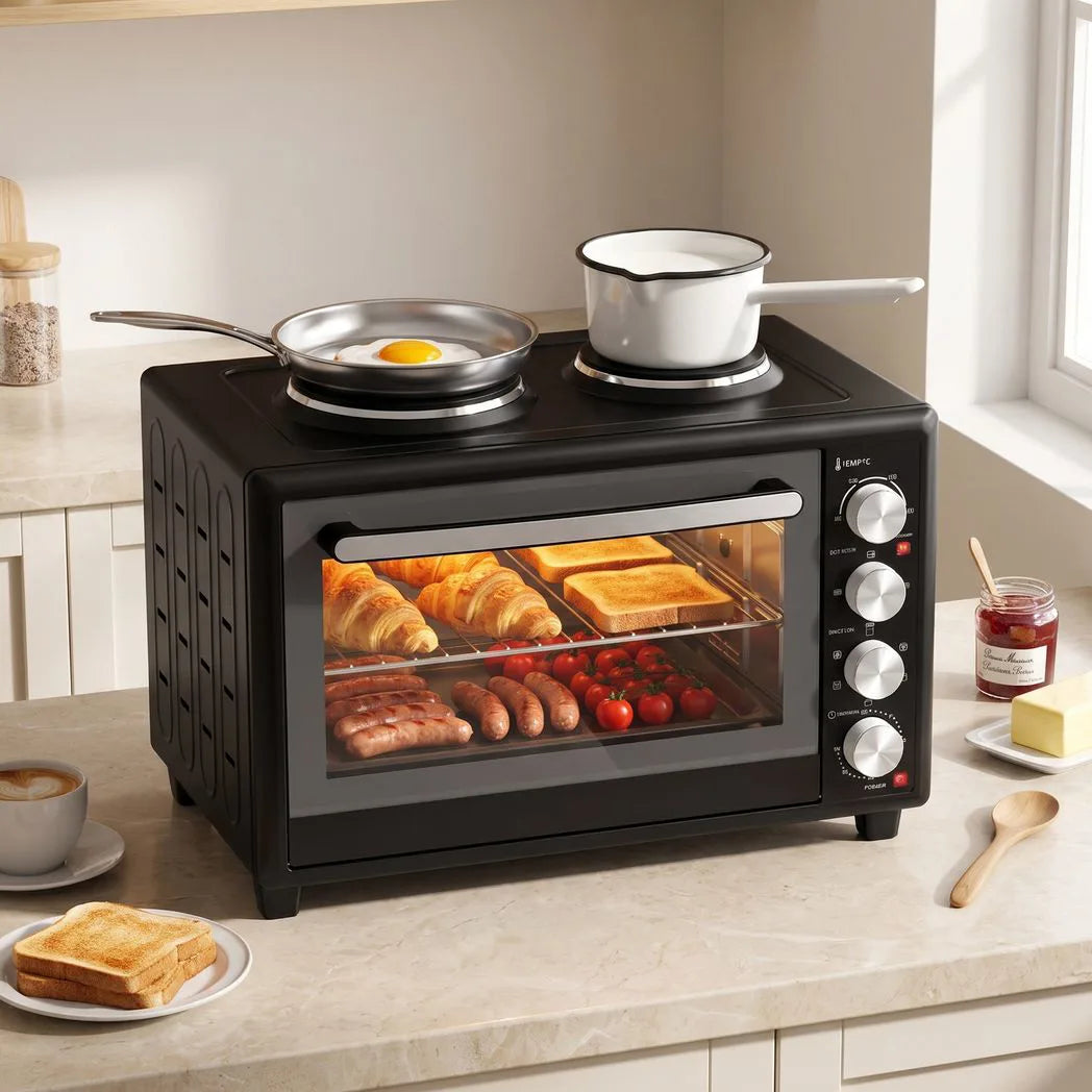 HOMCOM 46L Mini Oven with Dual Hot Plates and Convection – Electric Countertop Cooker with Rotisserie, 90–230°C