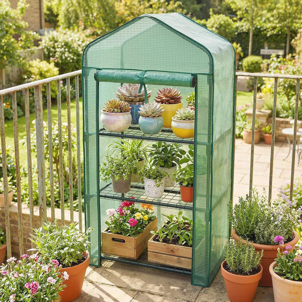 Outsunny Three-Tier Mini Greenhouse with Steel Frame, PE Cover & Roll-Up Door – Portable, Green