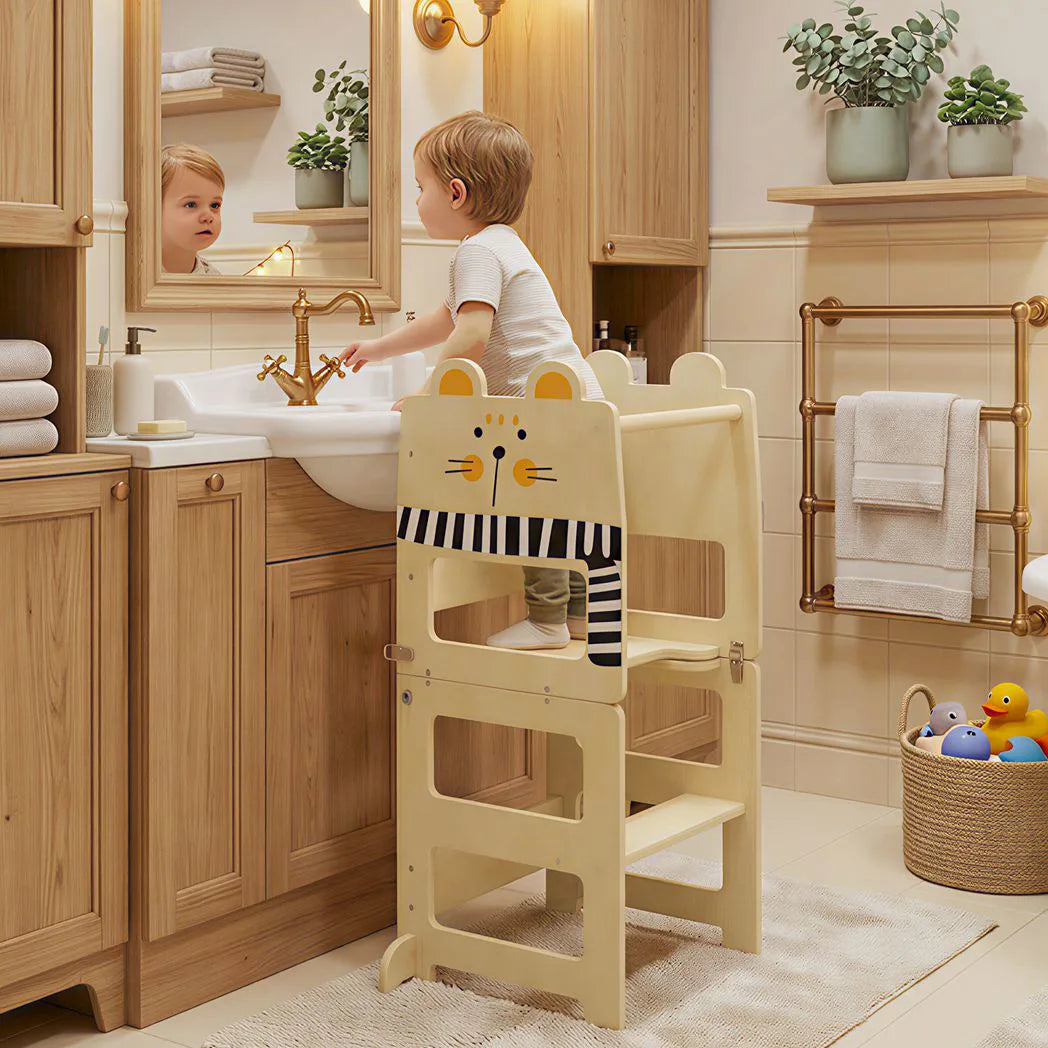 AIYAPLAY 3-in-1 Toddler Step Stool with Chalkboard – Cat-Shaped Kitchen Standing Tower, Natural