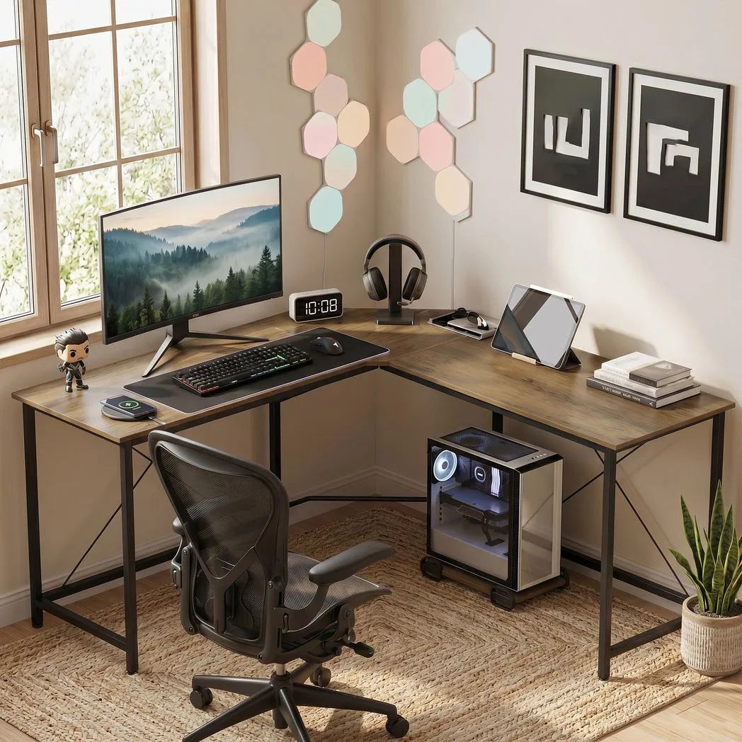 HOMCOM L-Shaped Corner Computer Desk with 3 Worktops, Wood-Effect Top – Home Office Gaming Workstation