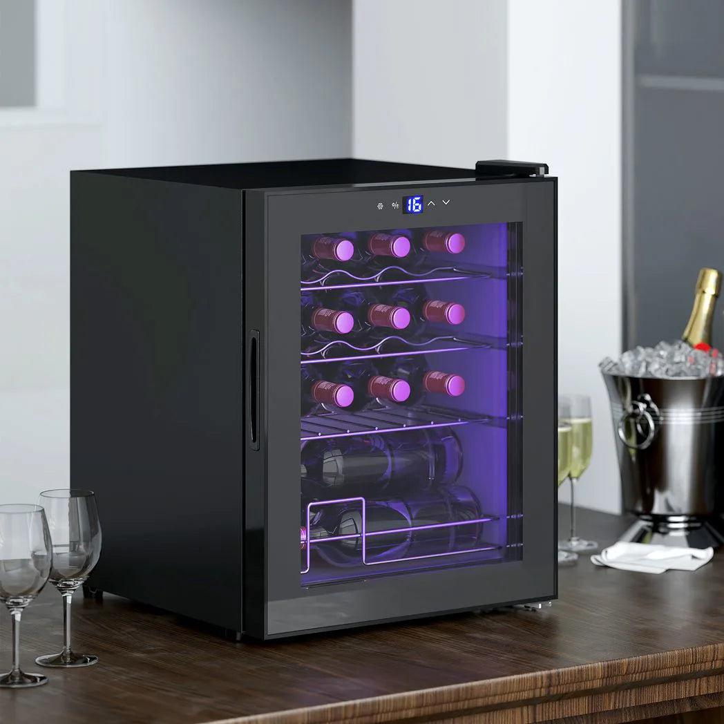 HOMCOM 42L 16-Bottle Wine Cooler Fridge with Glass Door, Touch Panel & Inner Lights – Wine Chiller, Black