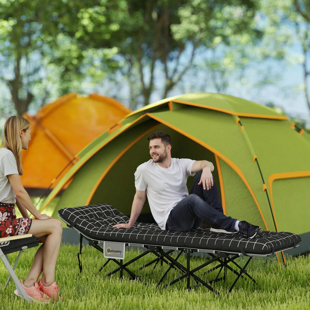 Outsunny 67cm Wide Folding Camping Bed with Mattress, Storage Pocket and Carry Bag, 150kg Max Load – Black