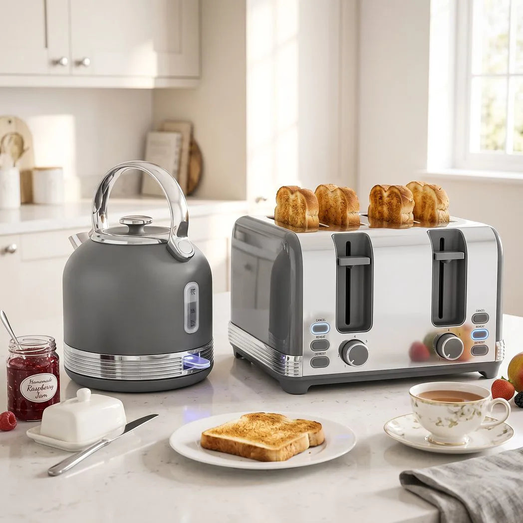 HOMCOM 1.7L 3000W Stainless Steel Kettle and 4-Slice Toaster Set with 7 Browning Levels – Cordless Fast Boil, Grey
