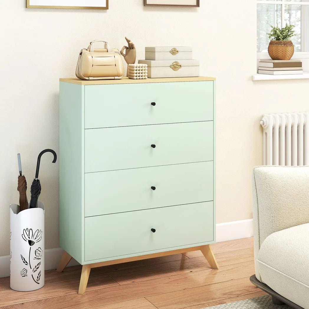HOMCOM 4 Drawer Chest of Drawers with Black Handles – Bedroom and Living Room Storage, Light Green and Oak