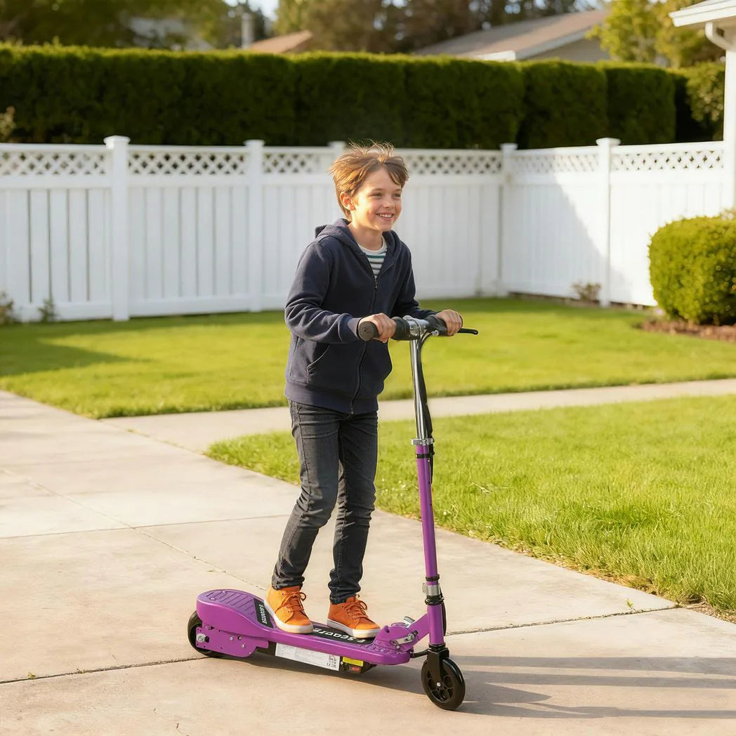 HOMCOM Foldable Electric Kids Scooter with Dual 12V Batteries, Adjustable Handlebar – Ride-On for Ages 7-14, Purple