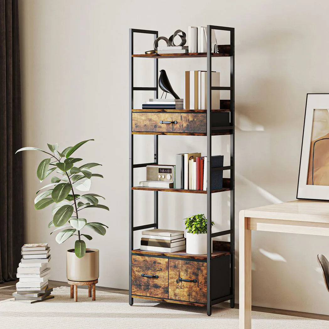 HOMCOM Industrial Bookcase with 4 Open Shelves & 3 Fabric Drawers – Slim 176cm Storage Shelf, Brown/Black