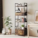 HOMCOM Industrial Bookcase with 4 Open Shelves & 3 Fabric Drawers – Slim 176cm Storage Shelf, Brown/Black
