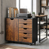 HOMCOM Mobile Office Storage Cabinet with 5 Drawers, Cupboard & Wheels – Study Filing Storage, Rustic Brown
