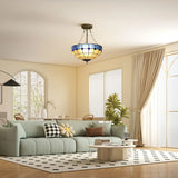 HOMCOM Tiffany Style Semi Flush Ceiling Light with 3 E27 Sockets – Vintage Stained Glass Chandelier for Living Room