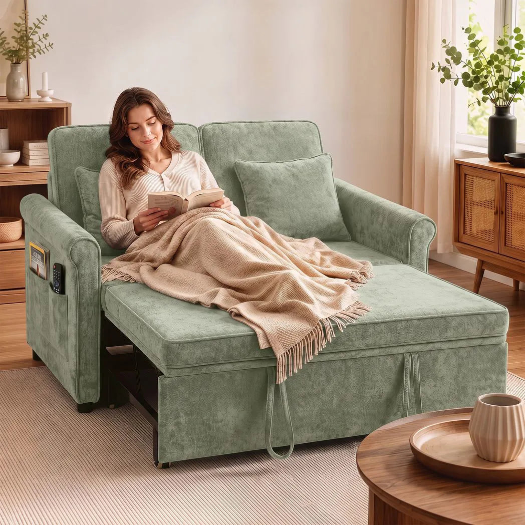 HOMCOM 2 Seater Sofa Bed, 3-in-1 Convertible Chenille Sleeper Sofa with 5-Position Backrest – Light Green