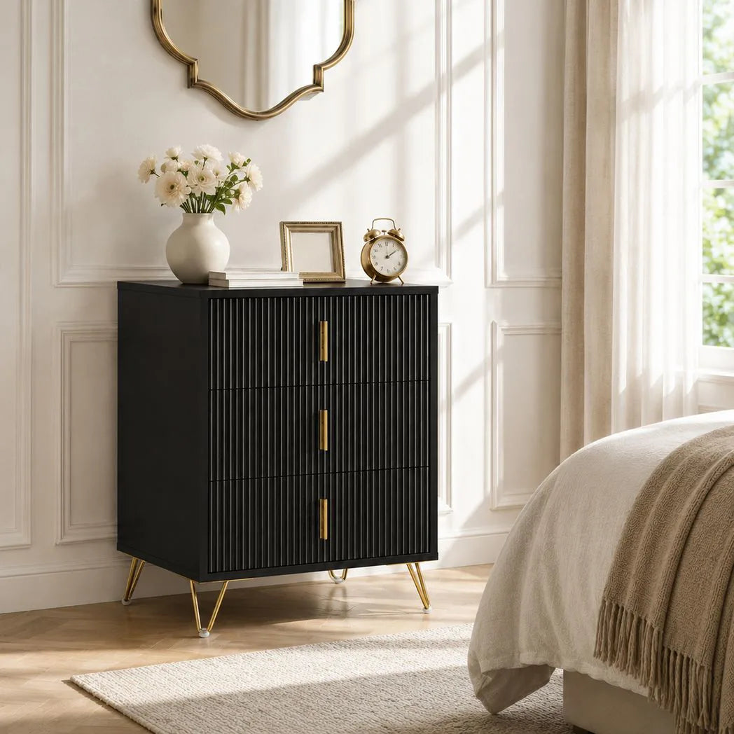 HOMCOM Modern Fluted 3 Drawer Dresser with Metal Legs and Gold-Colour Handles – Bedroom & Hallway Chest of Drawers, Black
