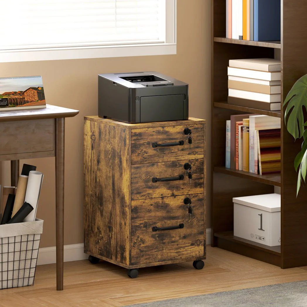 HOMCOM Three-Drawer Wood-Effect Filing Cabinet with Locks and Wheels – Under Desk Storage, Rustic Brown