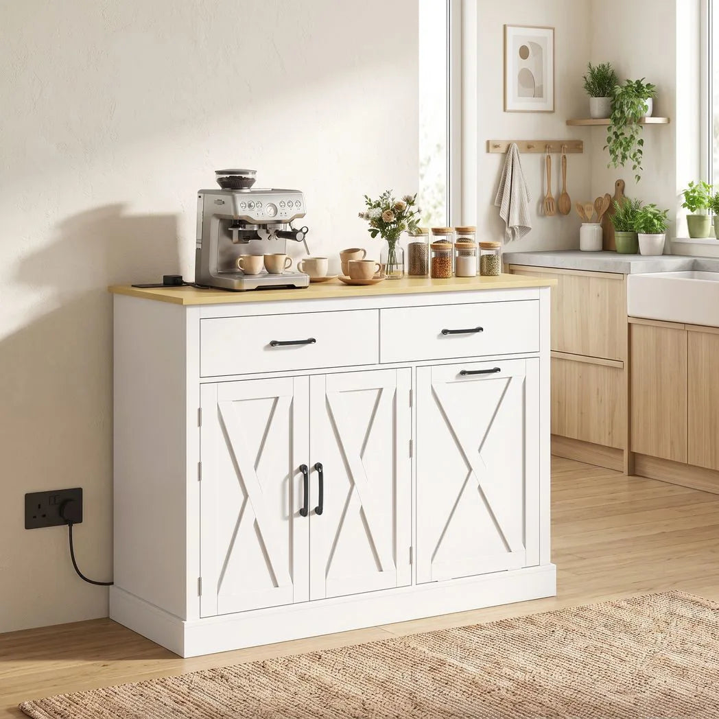 HOMCOM Tilt Out Bin Cabinet with Charging Station, 2 Drawers & Door Racks – Kitchen Island with 57L Hidden Storage, White