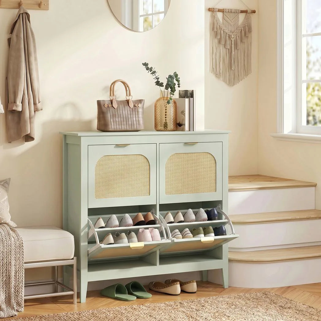 HOMCOM Boho Slim Shoe Cabinet with 4 Flip Drawers, Holds 20 Pairs, 105 x 24 x 95.5 cm – Light Green