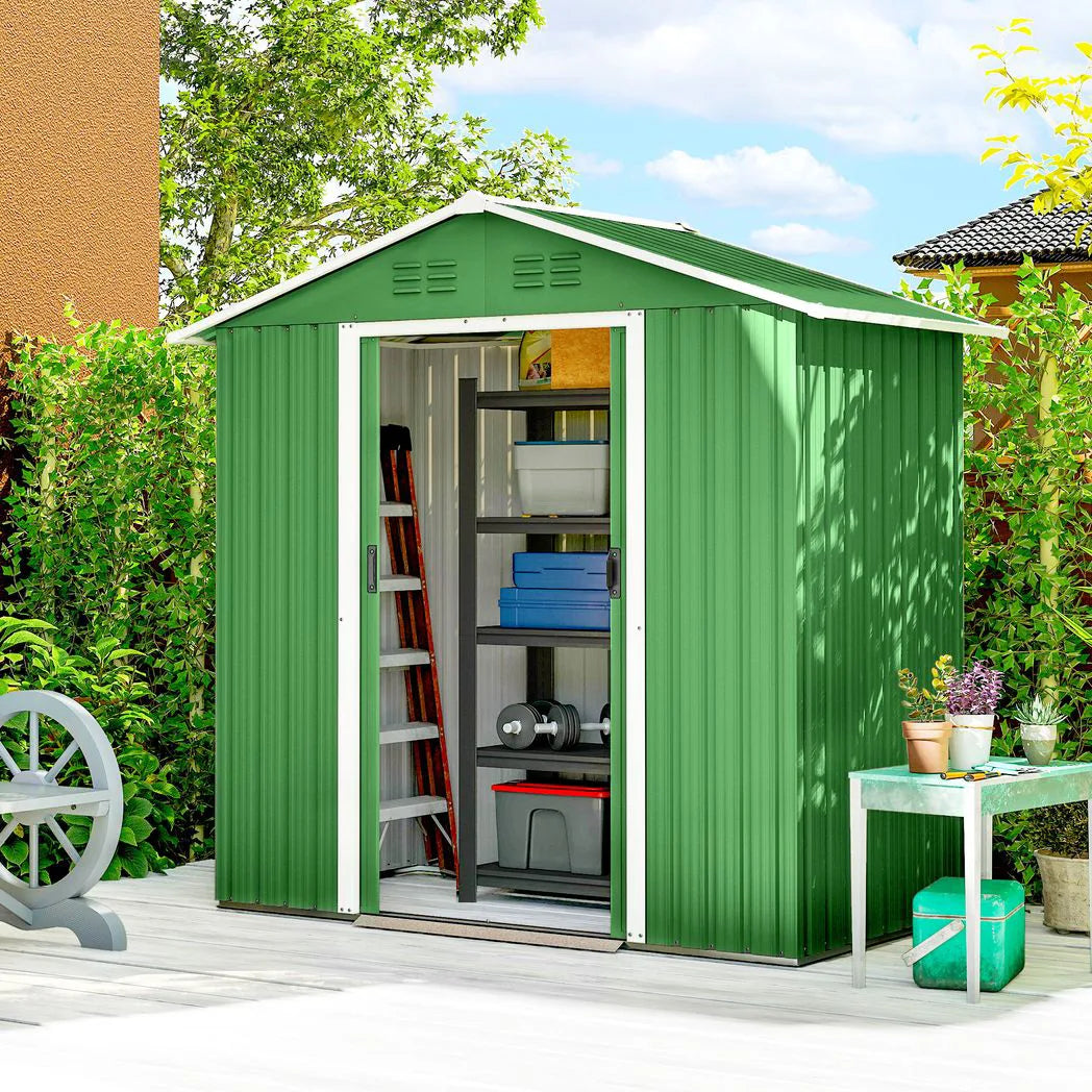 Outsunny 6.5 x 3.5ft Galvanised Metal Garden Shed with Double Doors and Vents, Green