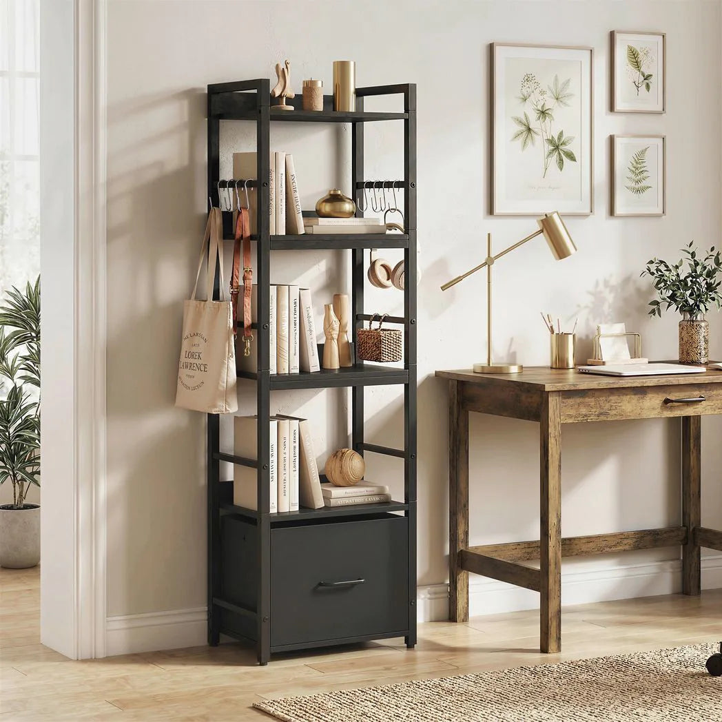 HOMCOM 4-Tier Narrow Bookshelf with Drawer, 8 Hooks and Metal Frame – Slim Bookcase, Black