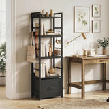 HOMCOM 4-Tier Narrow Bookshelf with Drawer, 8 Hooks and Metal Frame – Slim Bookcase, Black