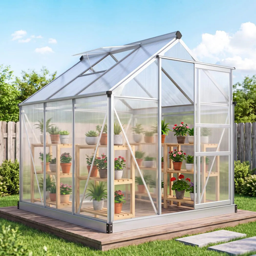 Outsunny 6 x 6ft Polycarbonate Walk-In Greenhouse with Aluminium Frame & Sliding Door – Garden Growhouse, Clear