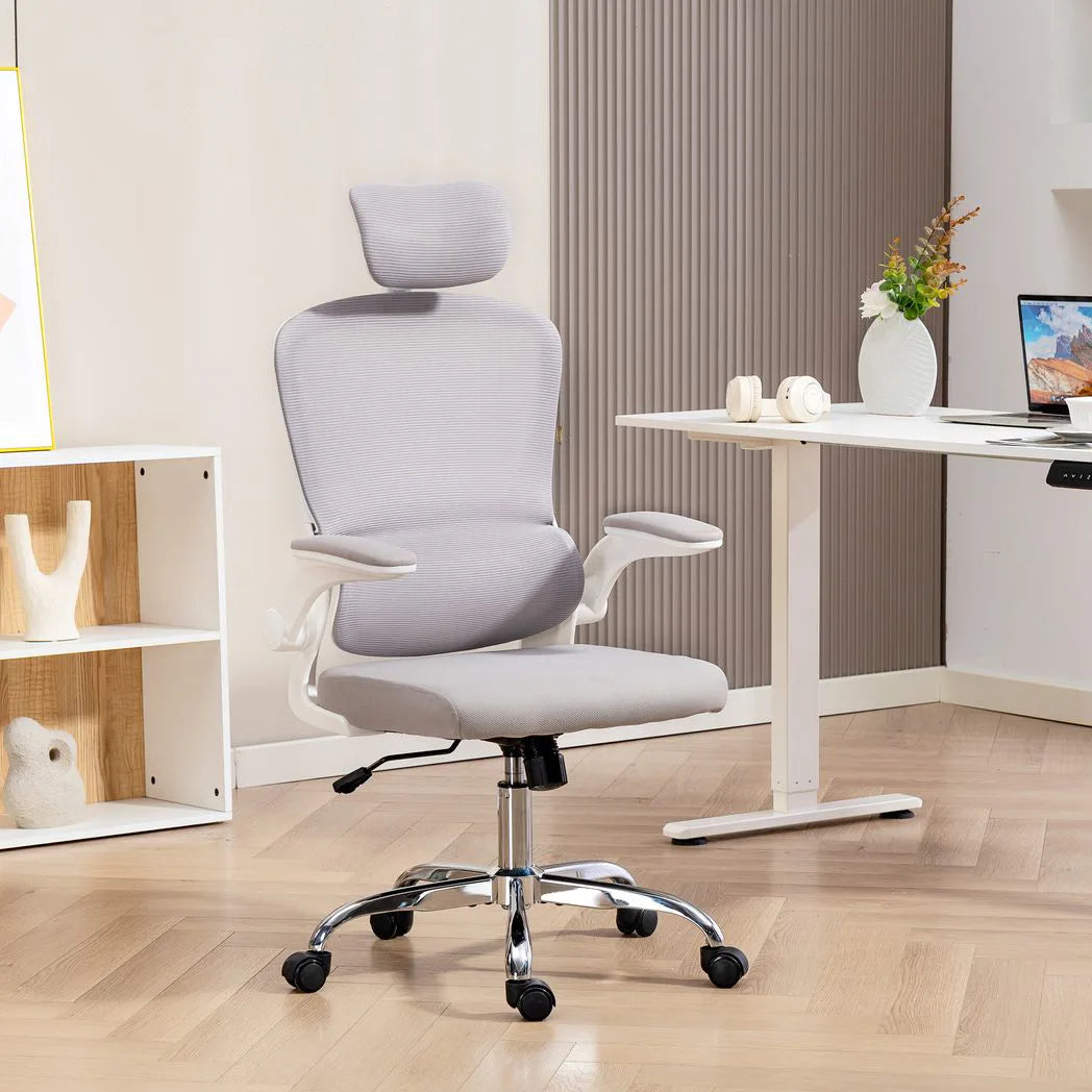 HOMCOM Mesh Back Office Chair with Lumbar Support, Headrest & Flip-Up Armrests – Ergonomic Desk Chair, Grey