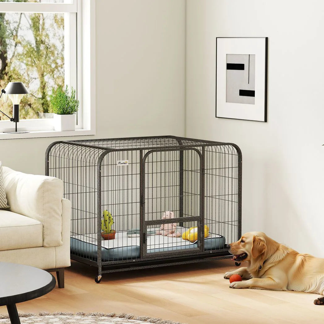 PawHut Heavy-Duty Dog Crate with Triple Doors, Removable Tray and Wheels – 116 x 77 x 88 cm, Small to Large Breeds