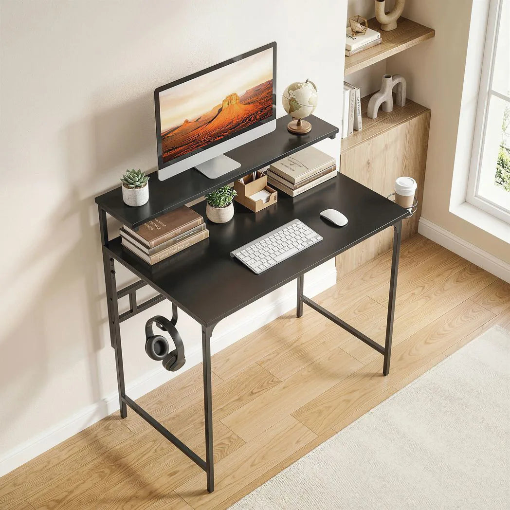 HOMCOM Computer Desk, 80cm Home Office Study Table with Hutch Shelf, Cup Holder & Headphone Hook – Black