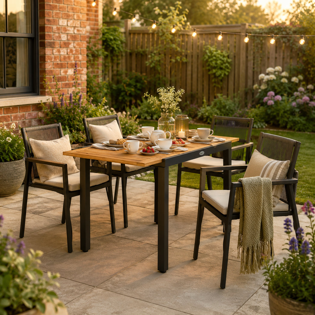 Outsunny Extendable Garden Dining Table with Acacia Wood Top, 80-120cm – Folding Leaf Patio Table, Natural and Black