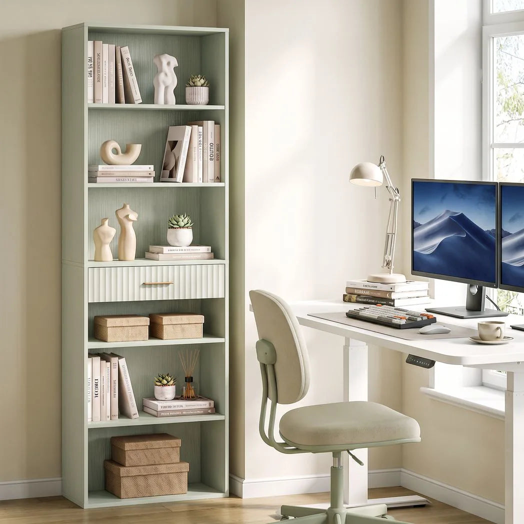 HOMCOM Narrow Tall Bookcase with Drawer and 6 Open Shelves – 182cm Space-Saving Bookshelf, Light Green