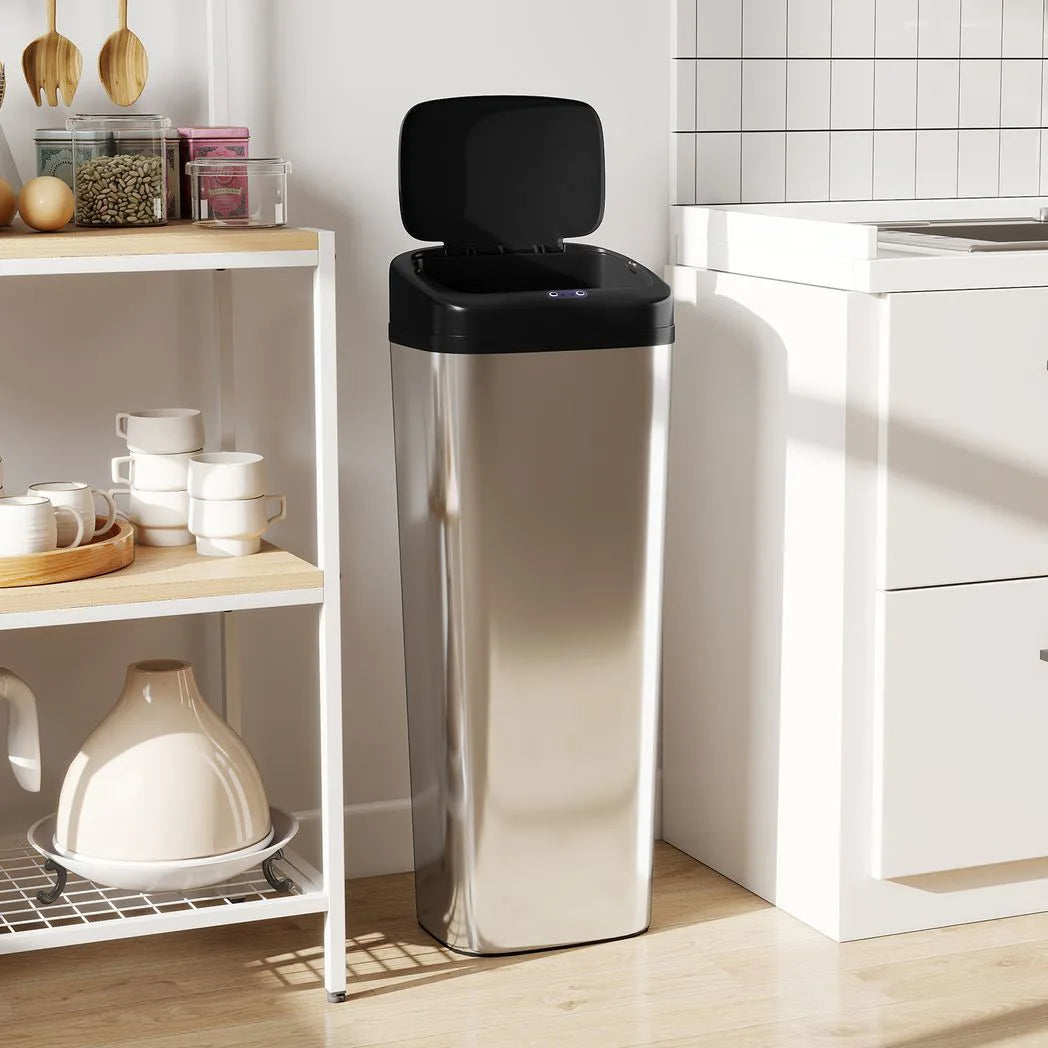 HOMCOM 50L Stainless Steel Sensor Bin with Slim 25cm Width – Hygienic Kitchen Rubbish Bin, Silver Tone